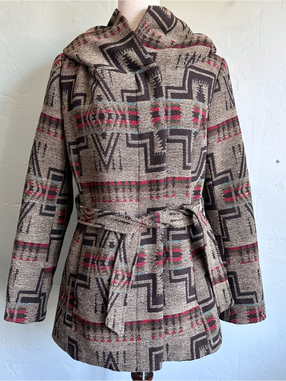 Mossimo Fall Southwest Western Hooded Belted Wool Blend Jacket Women's Medium